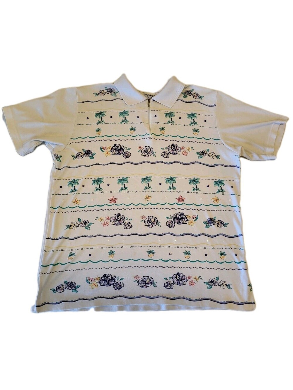 VTG Napa Valley Women's Sz Med Golf Tee White Tennis 1/4 Zip Palm Trees Sequins